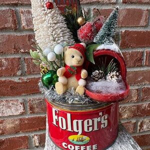 Festive Christmas Holiday Arrangement in Red Coffee Tin